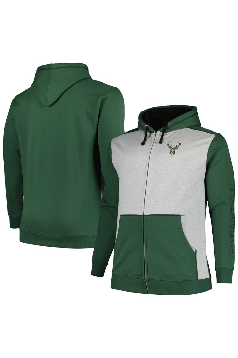 Men's Fanatics Branded Hunter Green/Heather Gray Milwaukee Bucks Big & Tall Contrast Pieced Stitched Full-Zip Hoodie, Main, color, Hunter Green
