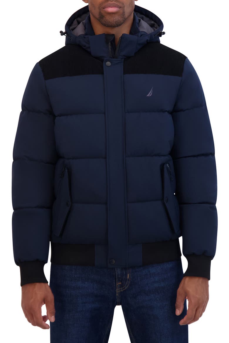 Water Resistant Mixed Media Bomber Jacket, Main, color, NAVY
