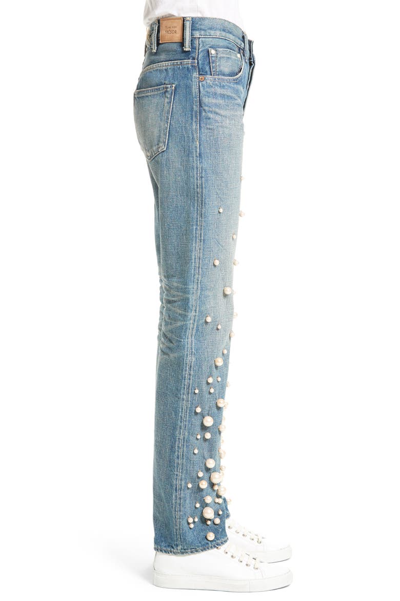 Snow Imitation Pearl Embellished Jeans, Alternate, color, PEARL