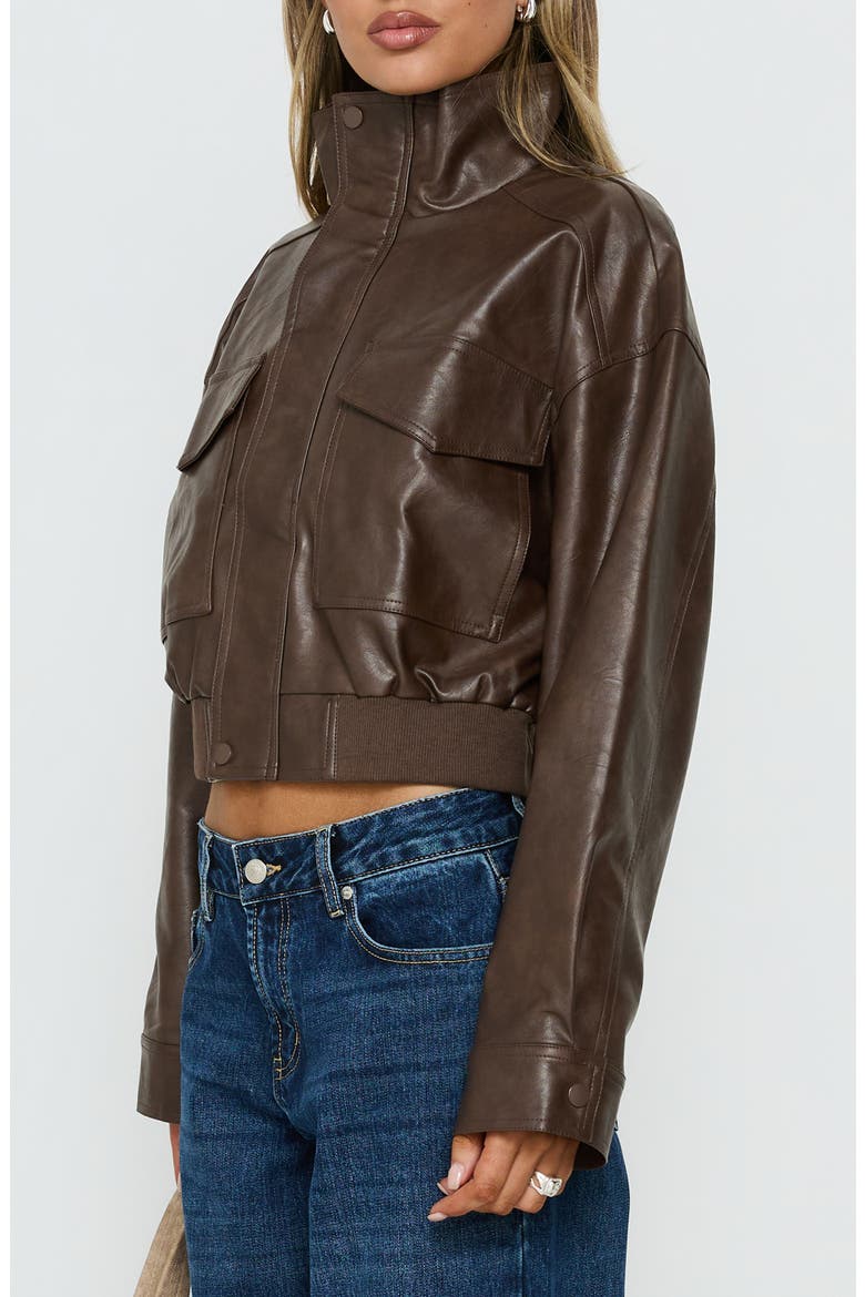 Ace Player Funnel Neck Crop Faux Leather Jacket, Alternate, color, BROWN