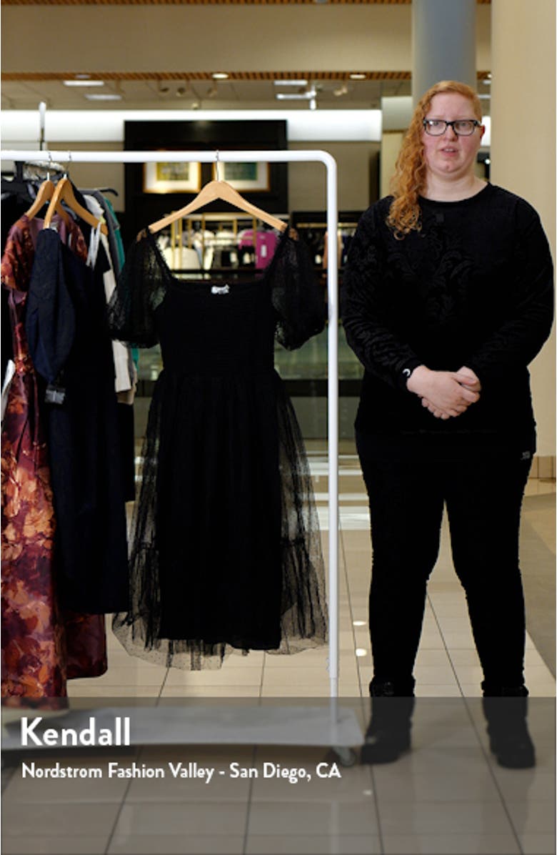 Swiss Dot Puff Sleeve Smocked Bodice Midi Dress, sales video thumbnail