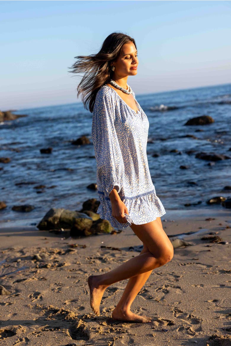 Verano Long Sleeve Beach Cover-up with Buttons, Alternate, color, Blue/Cream Animal Print