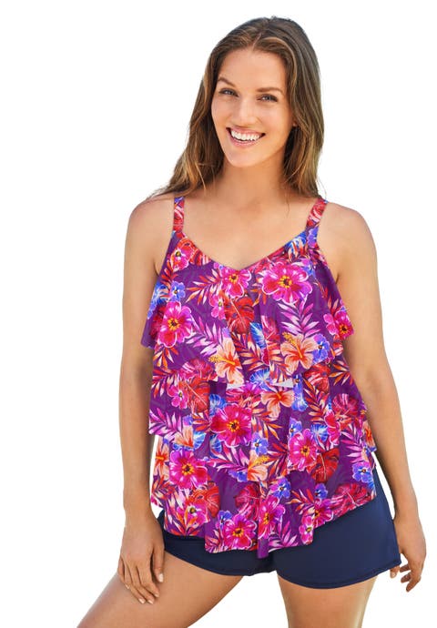 Longer-Length Tiered-Ruffle Tankini Top (Plus)