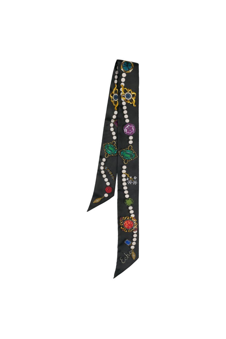 Bejewled Silk Ribbon Scarf, Alternate, color, Black