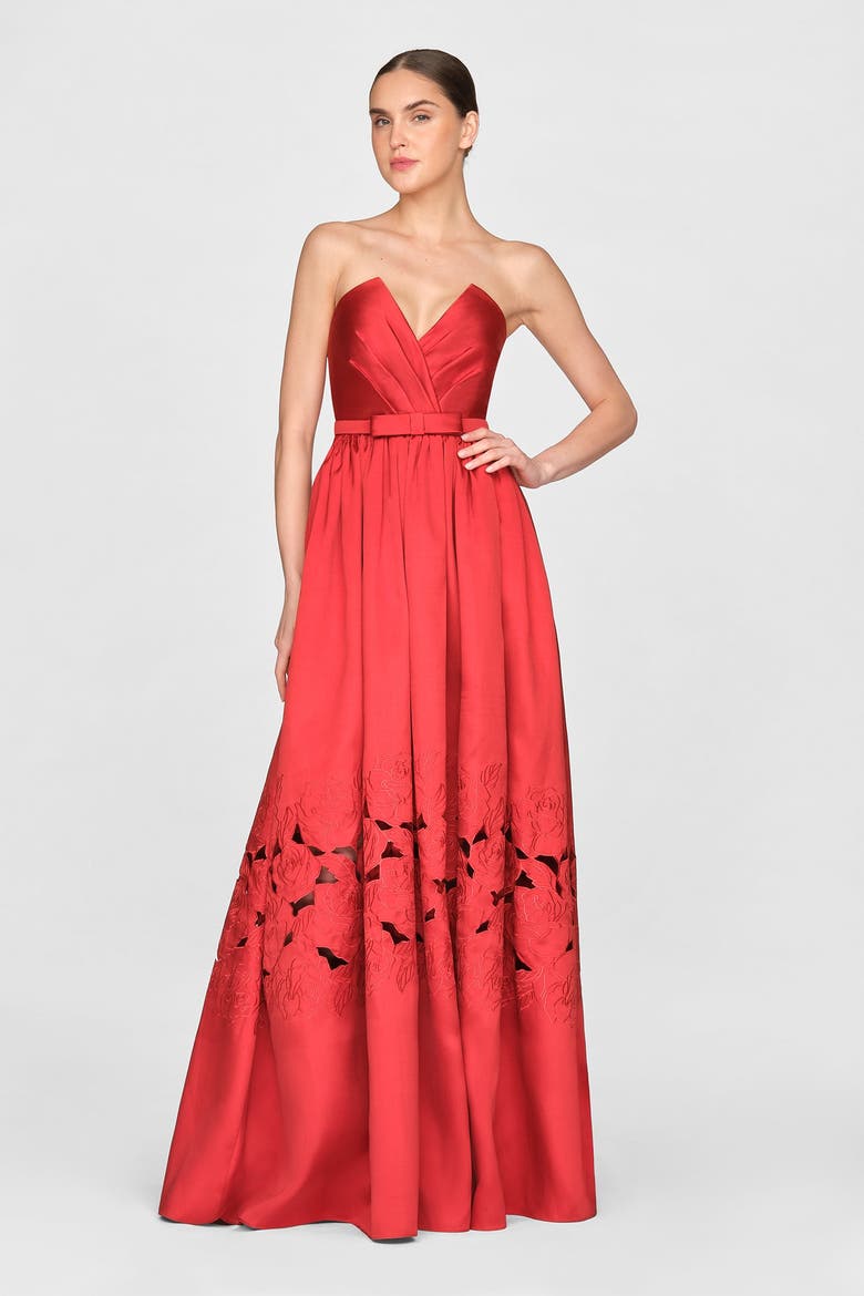 Lena Embroidered Mikado Gown, Alternate, color, CRIMSON BLOOM