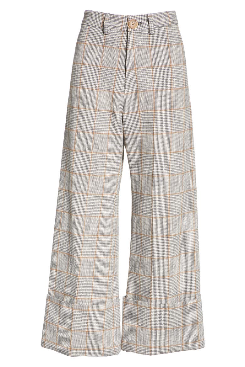Sea Plaid Cuffed Wide Leg Pants, Alternate, color, BROWN
