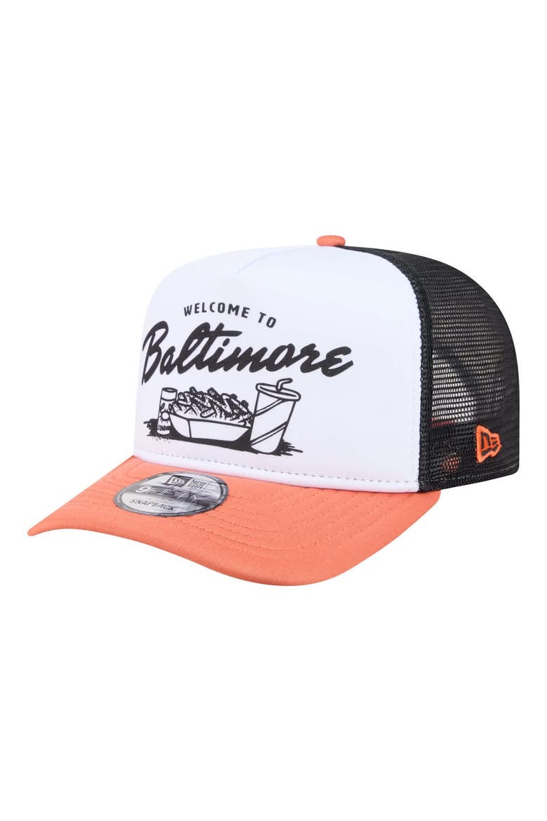 Men's New Era  White/Orange Baltimore Orioles Foodie A-Frame 9FIFTY Trucker Snapback Hat, Alternate, color, White