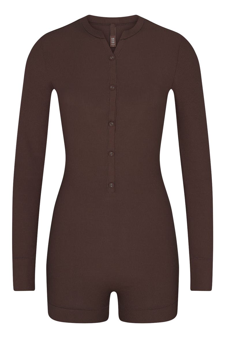 Soft Lounge Long Sleeve Henley Romper Pajamas, Alternate, color, COCOA