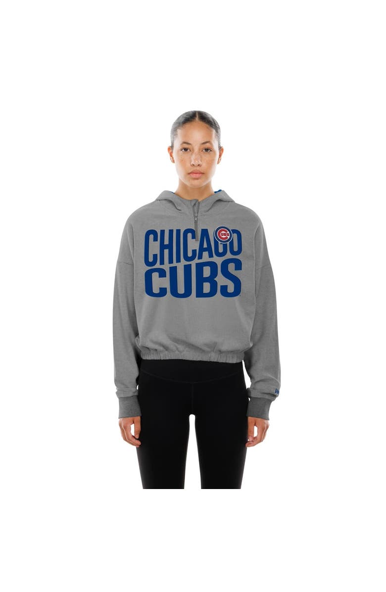 New Era Women's New Era Heather Gray Chicago Cubs Reversed Out French Terry Quarter-Zip Banded Crop Hoodie, Alternate, color, Heather Gray