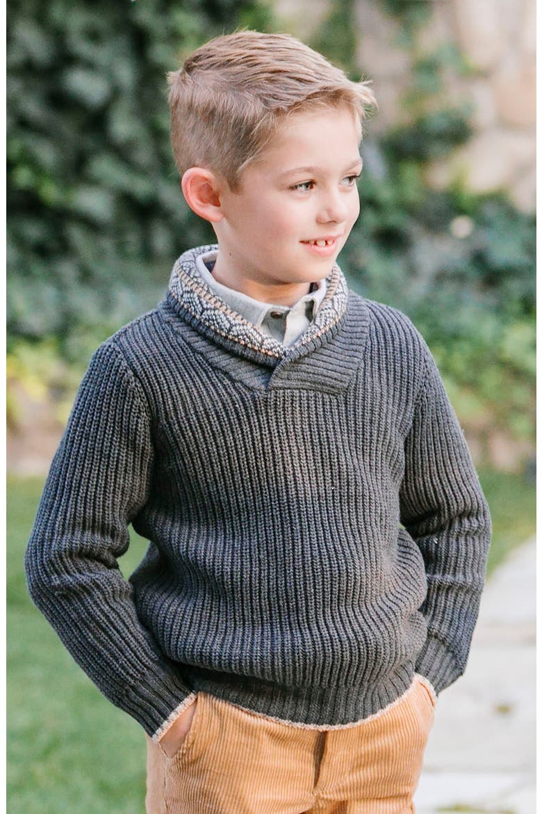Kids' Organic Long Sleeve Shawl Collar Sweater with Intarsia Detail, Alternate, color, Charcoal Heather with Detail