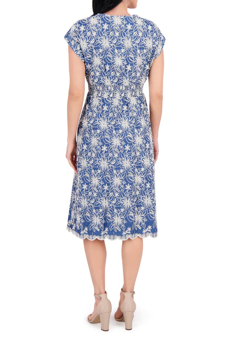 Embroidered Tie Waist Midi Dress, Alternate, color, CHAMBRAY/ IVORY