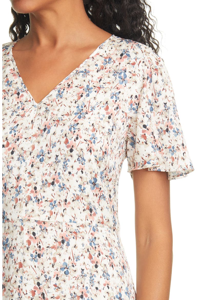 Flutter Sleeve Stretch Silk Dress, Alternate, color, IVORY MULTI ROSIE FLORAL