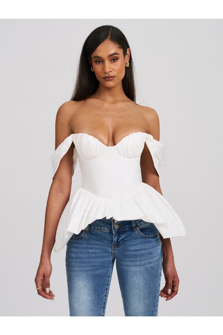 Qistina Off-shoulder Bubble Hem Peplum Cotton Top, Alternate, color, White