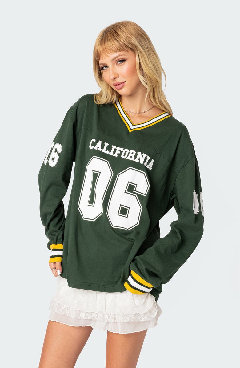 EDIKTED Cali 06 Oversize Long Sleeve Cotton Graphic Football T-Shirt, Alternate, color, Green
