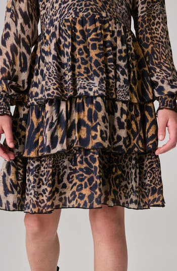 Kids' Leopard Print Tiered Long Sleeve Dress