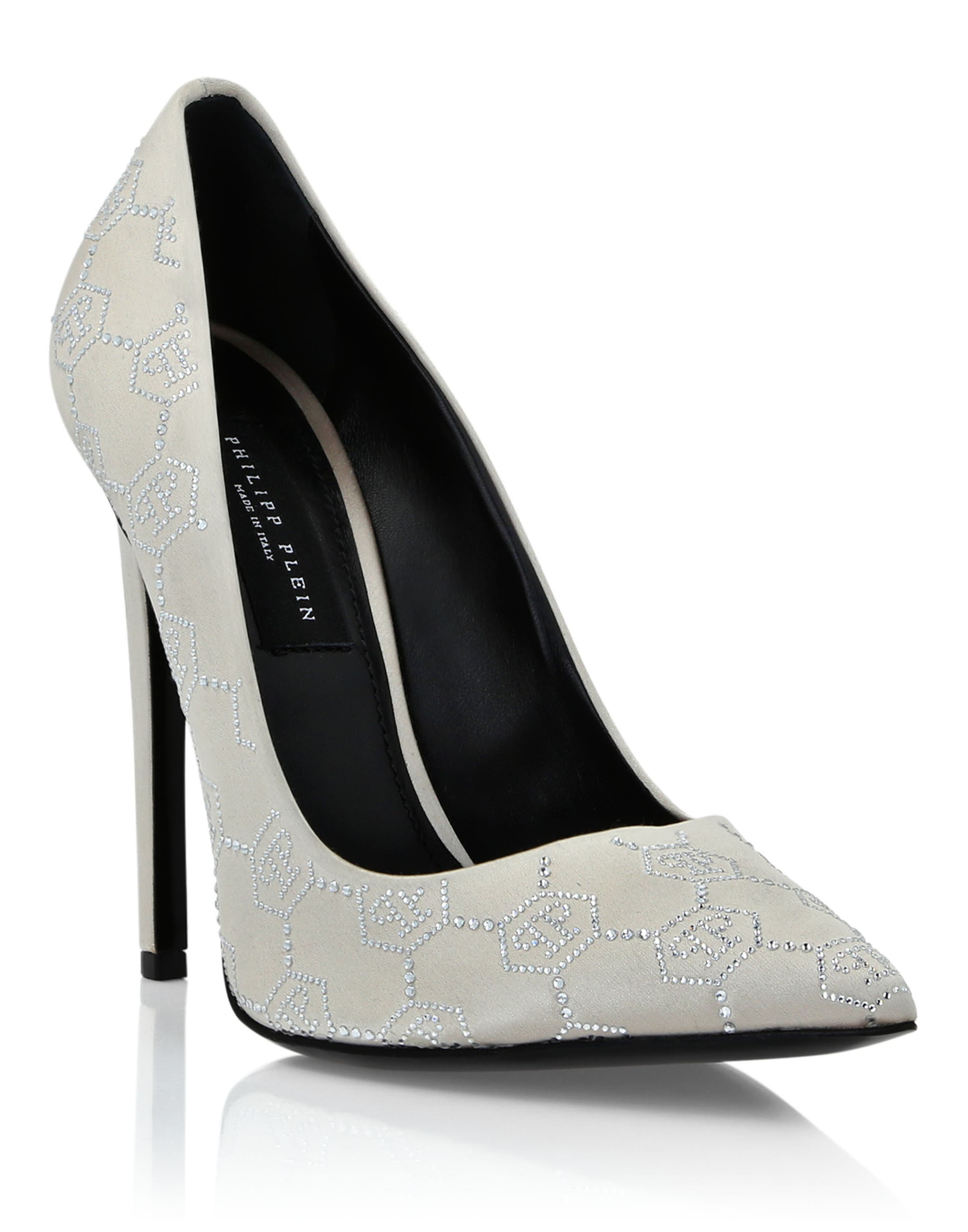 PHILIPP PLEIN Satin Decollete Hi-Heels Monogram Strass Women, Main, color, Beige