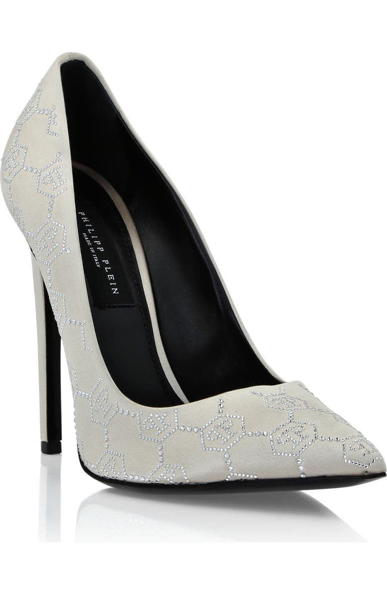 PHILIPP PLEIN Satin Decollete Hi-Heels Monogram Strass Women, Main, color, Beige