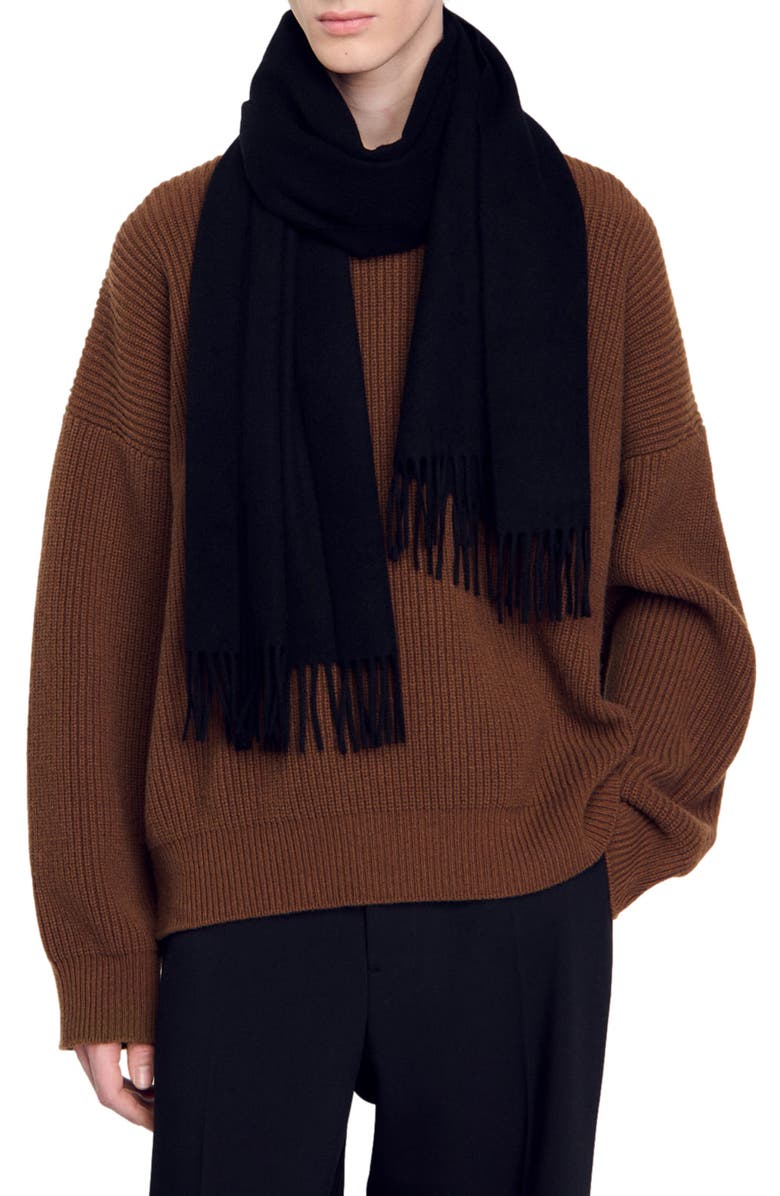 SANDRO Wool and cashmere scarf, Alternate, color, Black