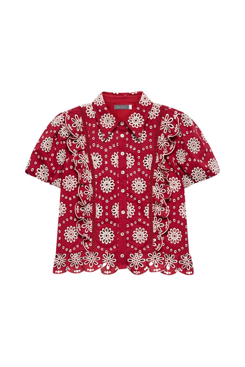 Eyelet Embroidered Puff Sleeve Blouse, Alternate, color, Red