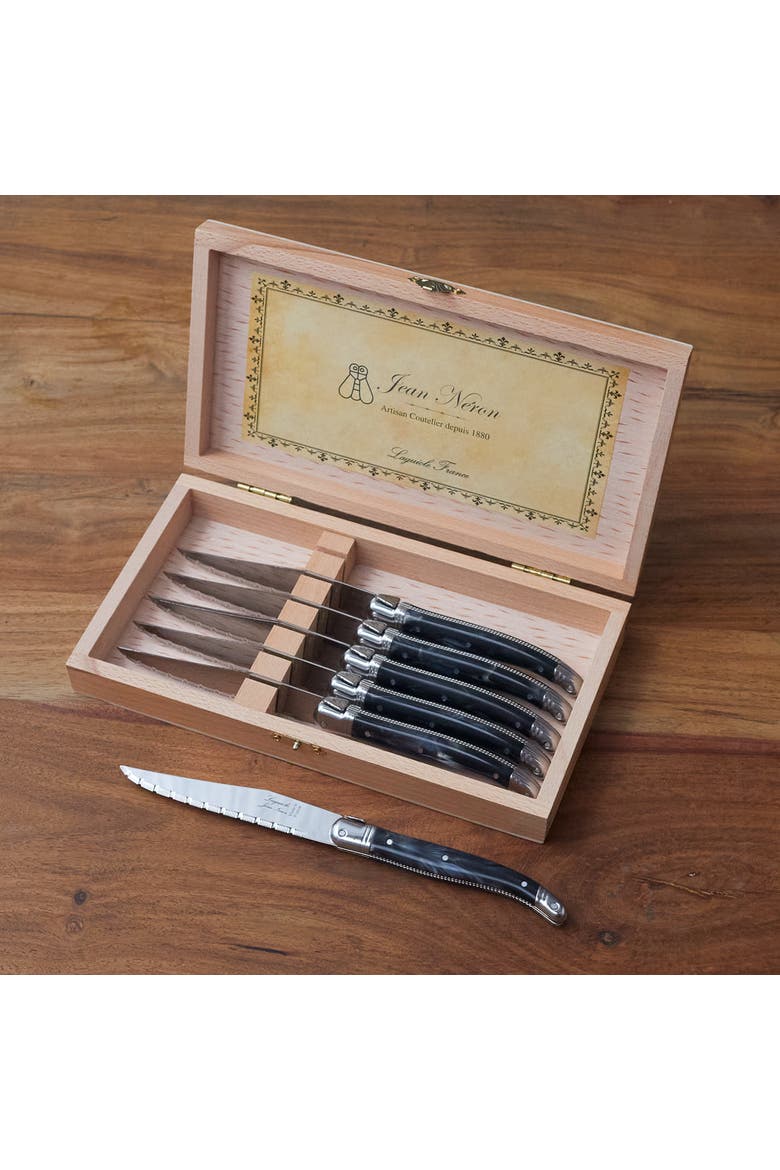 6 Piece Steak Knife Set, Platine Marble in Wood Presentation Box, Alternate, color, Black