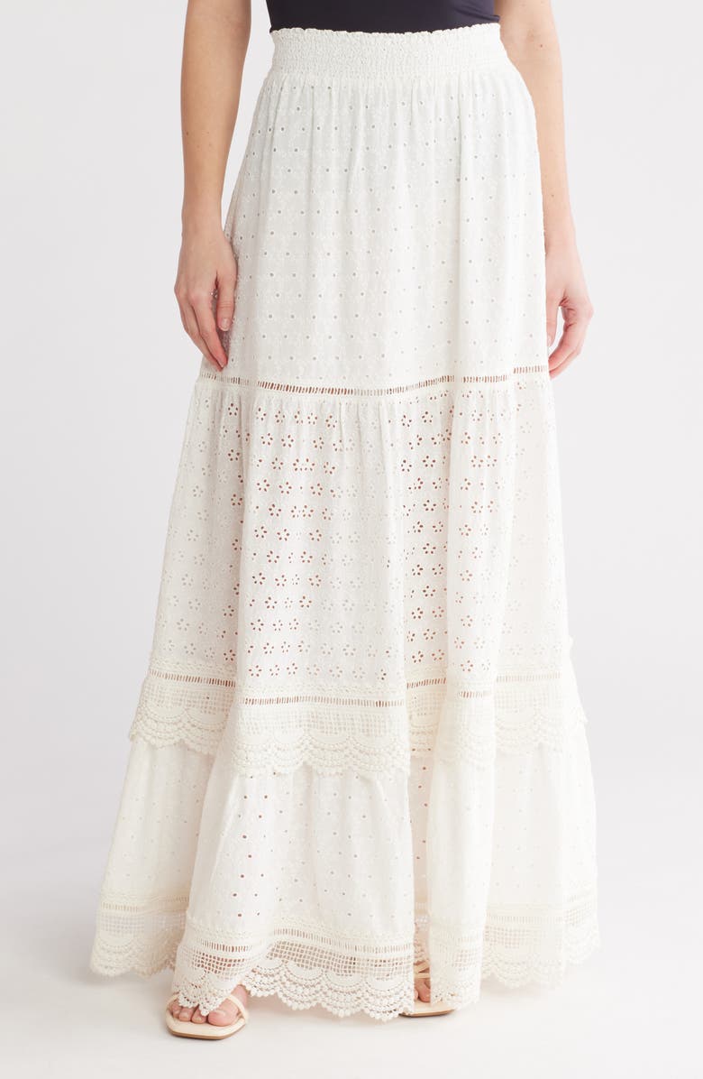 Alice + Olivia Reise Tiered Eyelet Maxi Skirt, Main, color, Off White