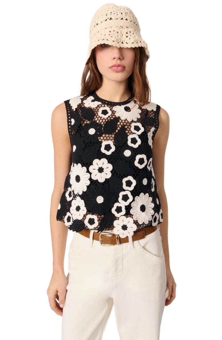 maje Floral crochet top, Alternate, color, Black / White