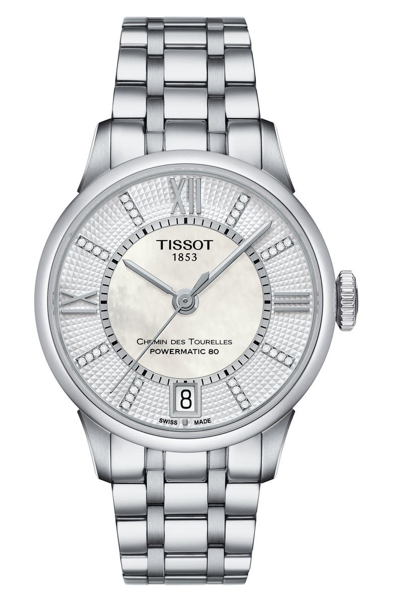 Tissot Chemin des Tourelles Bracelet Watch, 32mm, Main, color, White Mother Of Pearl/ Silver