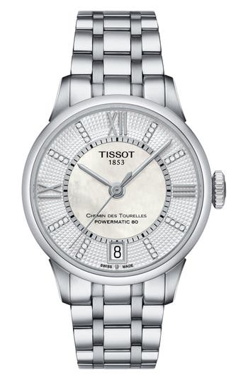 Tissot Chemin Des Tourelles Bracelet Watch, 42mm In White Mother Of Pearl/silver