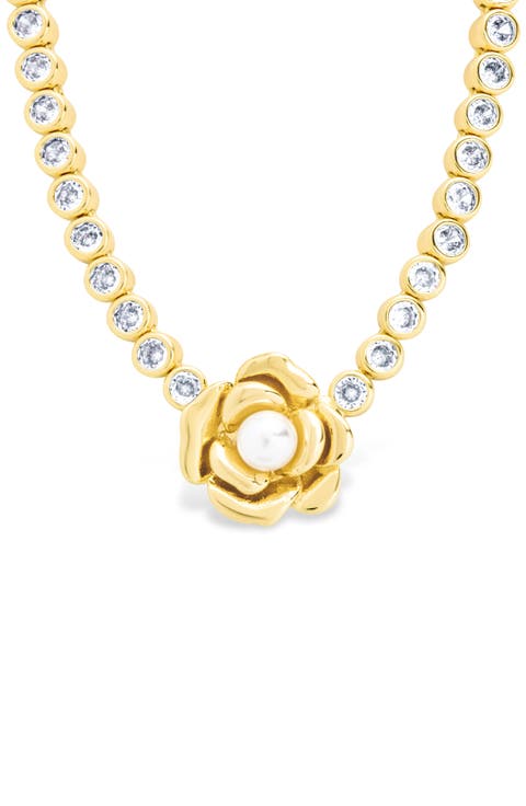 Rosa Pearl Flower Cubic Zirconia Tennis Necklace