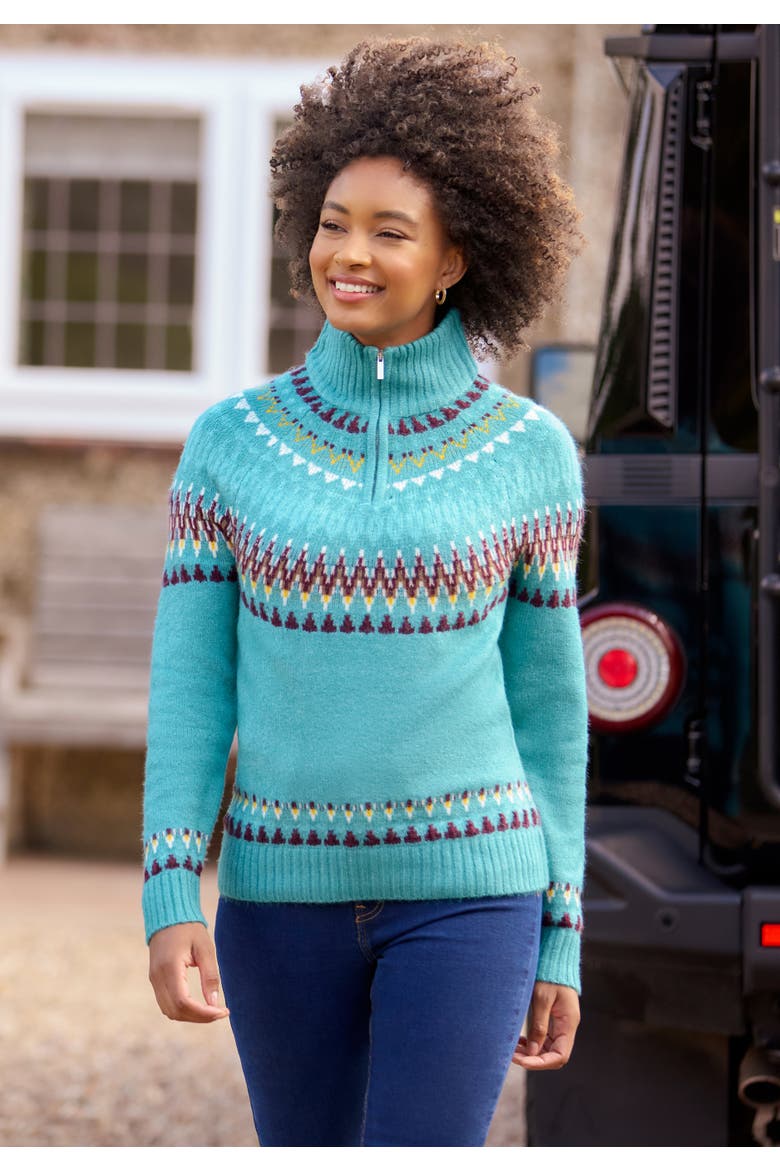 Fair Isle Quarter Zip Sweater, Main, color, TEAL FAIRISLE