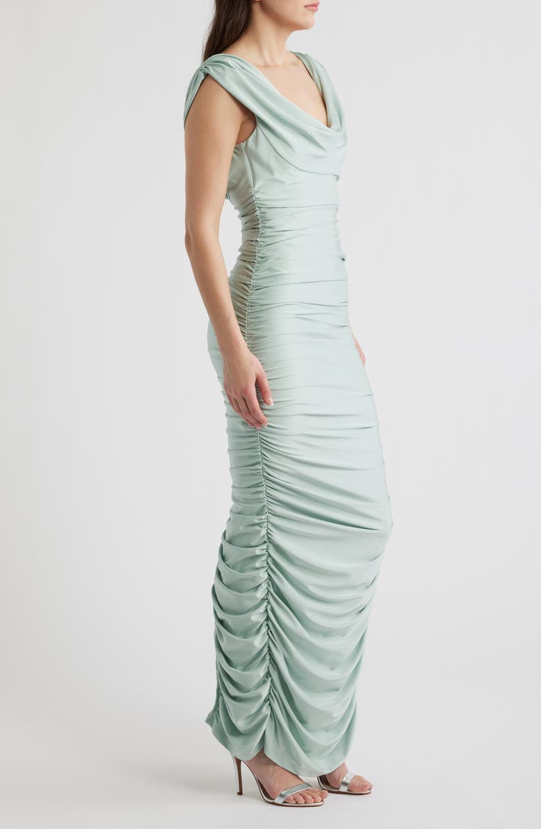 Black Halo Evangeline Ruched Satin Gown, Alternate, color, Creme De Menthe