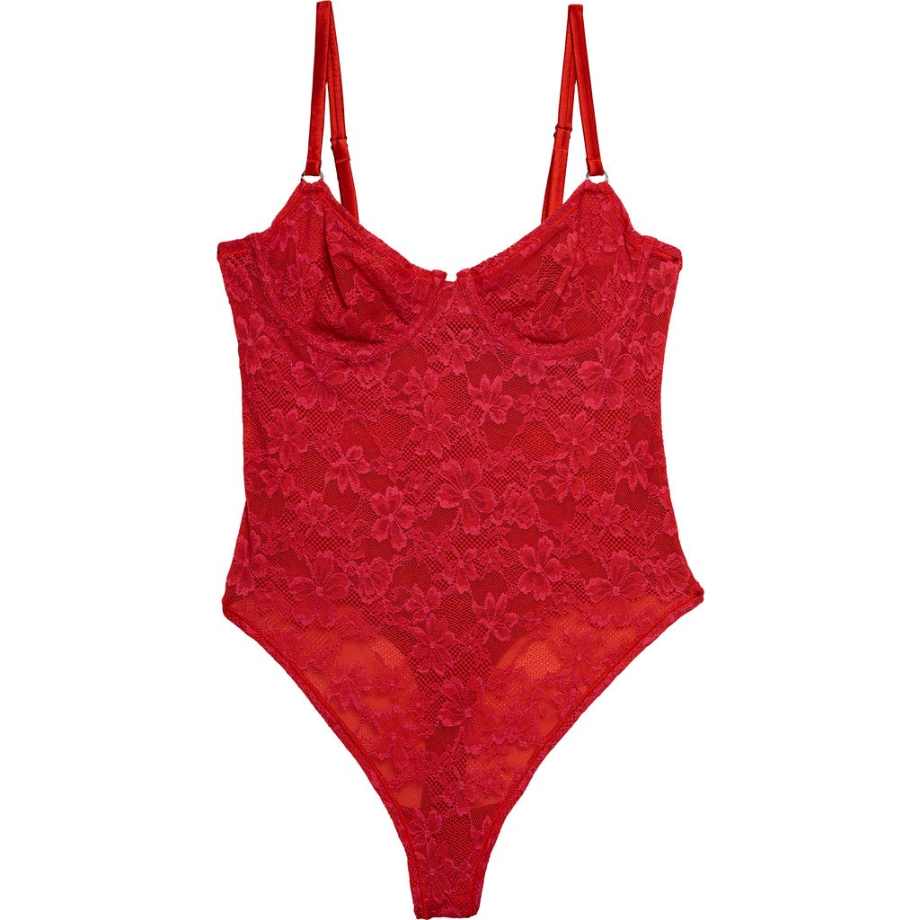 Fleur Du Mal Le Stretch Lace Bodysuit In Rouge In Red