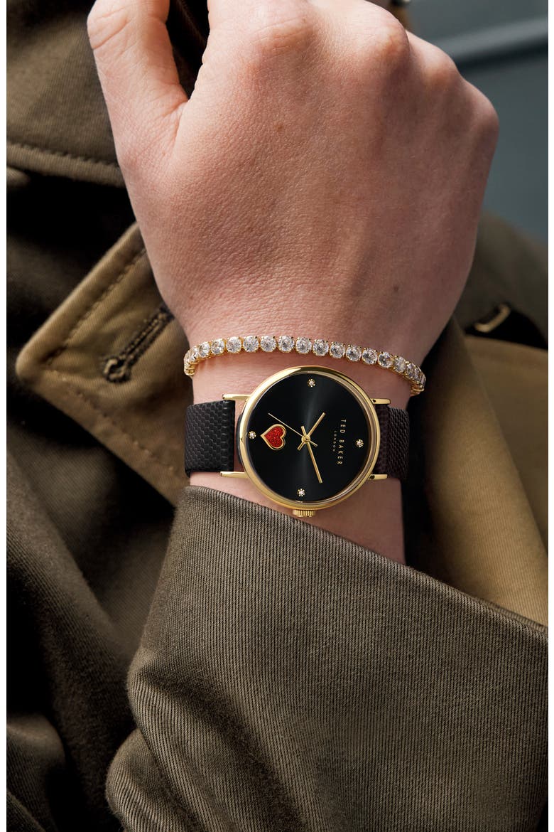 Phylipa Leather Strap Watch & Bracelet Set, 34mm, Alternate, color, YELLOW GOLD/ BLACK/ BLACK