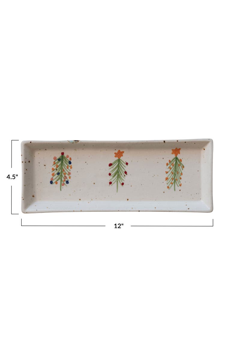 Speckled Hand-Painted Stoneware Platter with Christmas Trees, Alternate, color, Multicolor