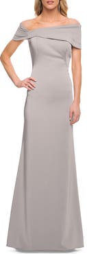 La Femme Simply Chic Off the Shoulder Jersey Gown