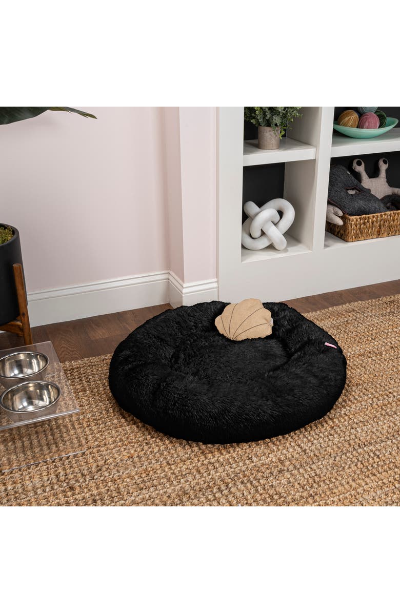 The Licker Store Maisie Bohemian Glam Faux Fur Round Fluffy Calming Donut Pet Bed with Washable Cover, Alternate, color, Black