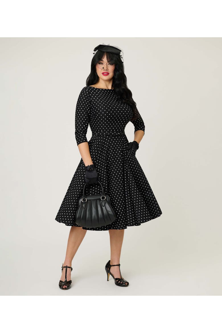 Three Quarter Sleeve Belted Devon Swing Dress, Alternate, color, Black & White Polka Dot