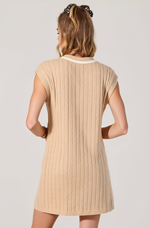 Modenaire Cable-knit Mini Sweater Dress With Pockets In Brown