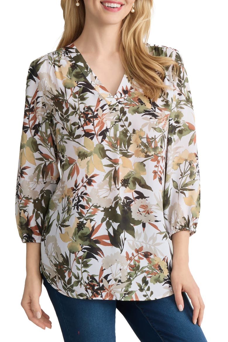 Floral Three Quarter Sleeve Crepe Top, Main, color, WHITE SAND MULTI