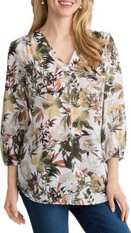 Jones New York Floral Three Quarter Sleeve Crepe Top