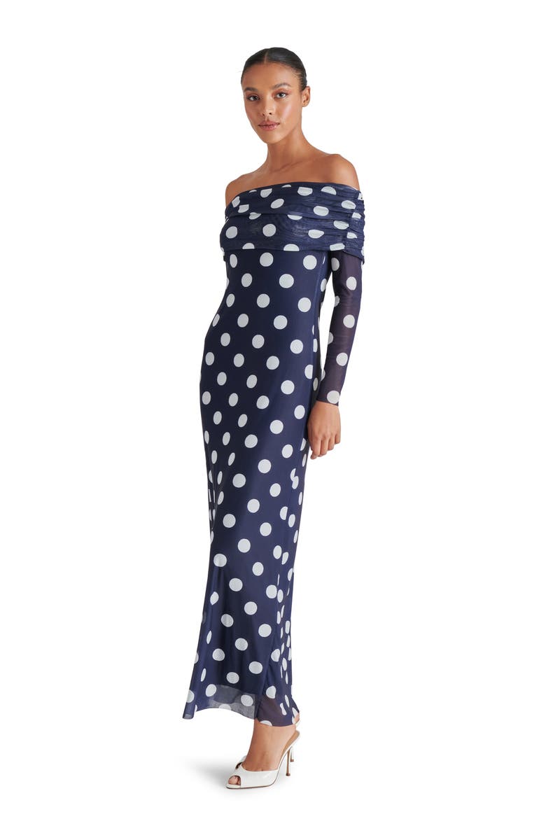 Aurelia Dot Off the Shoulder Long Sleeve Maxi Dress, Alternate, color, MARINE