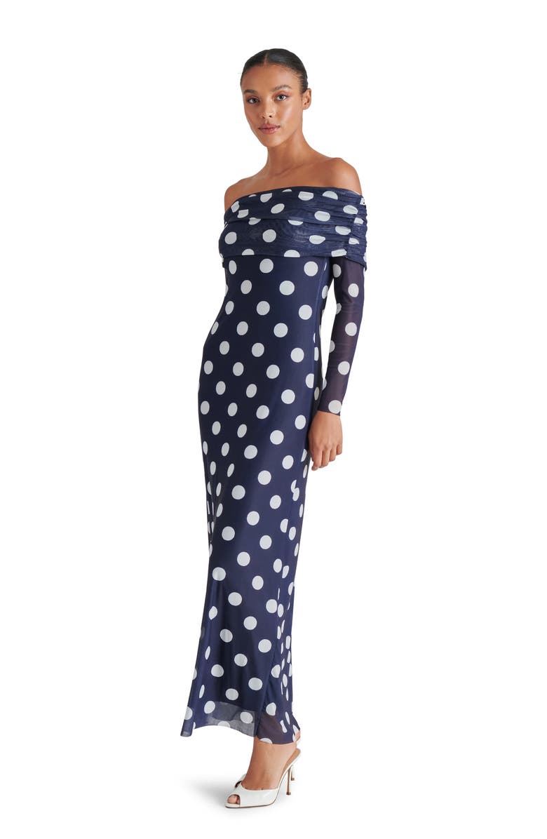 Steve Madden Aurelia Dot Off the Shoulder Long Sleeve Maxi Dress, Alternate, color, 