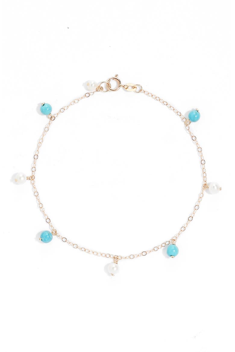 Turquoise & Pearl Charm Bracelet, Main, color, 14KYG