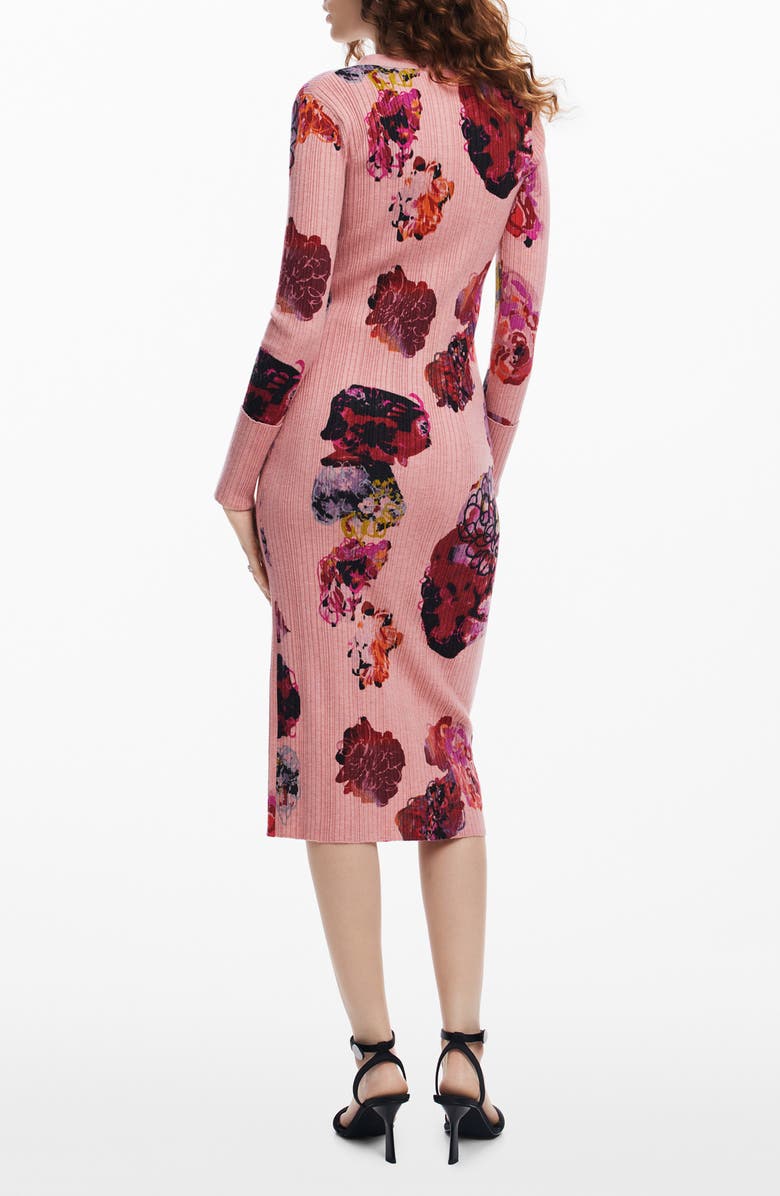 Desigual Floral Print Long Sleeve Rib Sweater Dress, Alternate, color, 