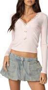 EDIKTED Madeline Lace Trim Rib Long Sleeve Top