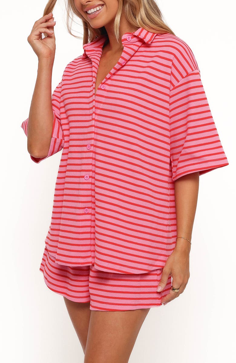 Petal & Pup Alden Stripe Cotton Button-Up Shirt & Drawstring Shorts Set, Alternate, color, Pink Red Stripe