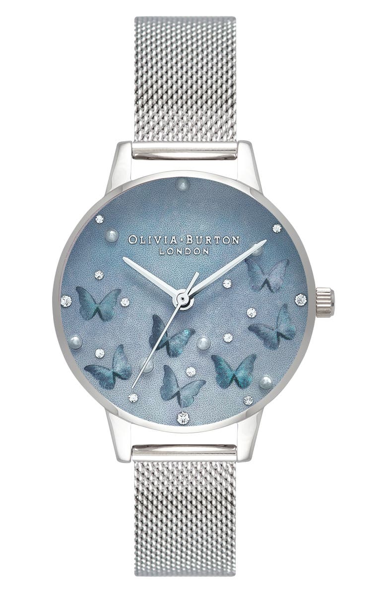 Olivia Burton Sparkle Butterfly Mesh Strap Watch, 30mm, Main, color,