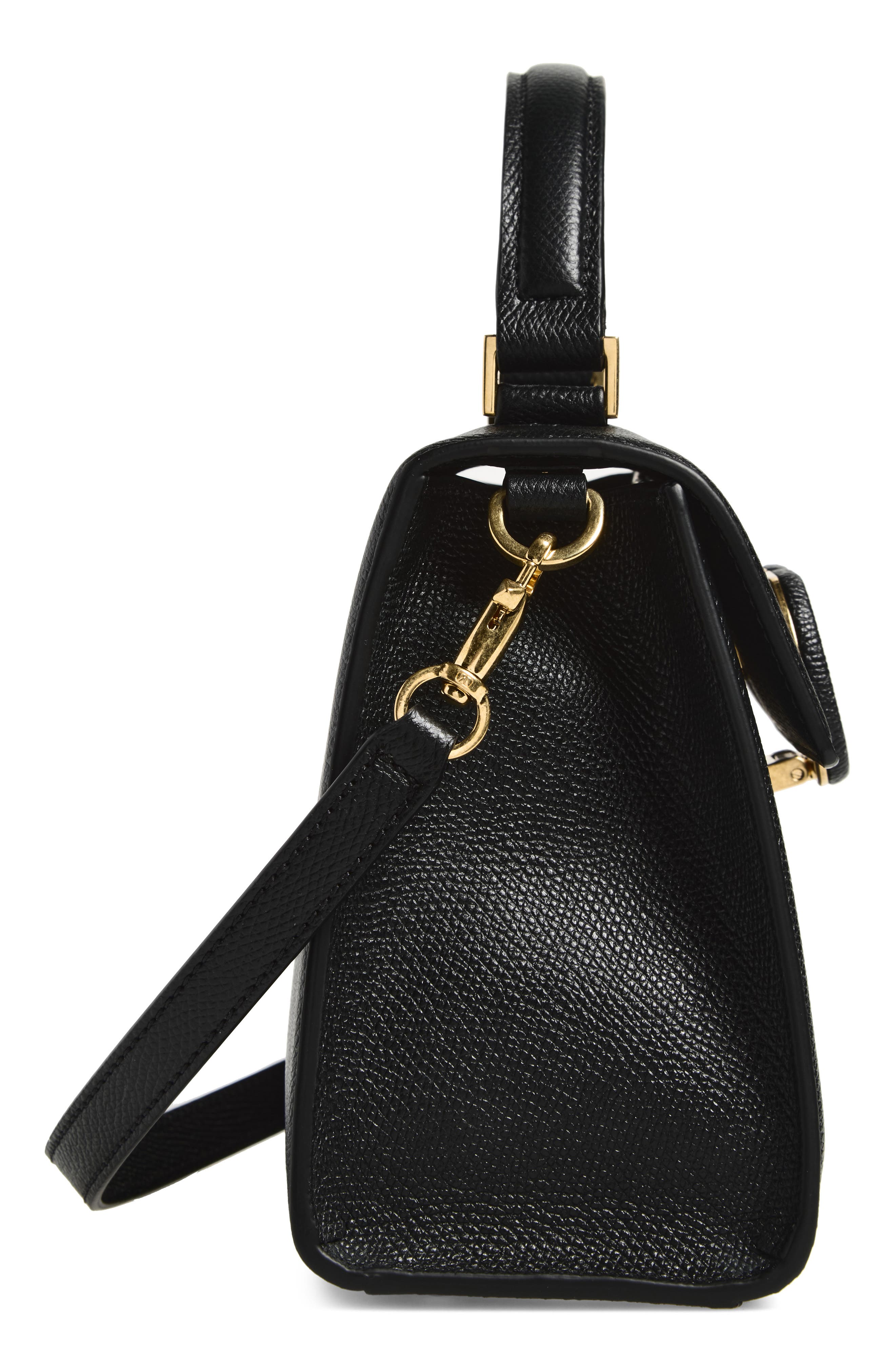 V-Sling Logo Top Handle Leather Bag, Alternate, color, BLACK