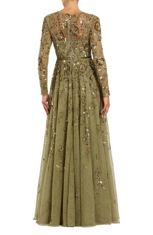 Mac Duggal Long Sleeve Hand Embellished Floral A-line Gown In Green