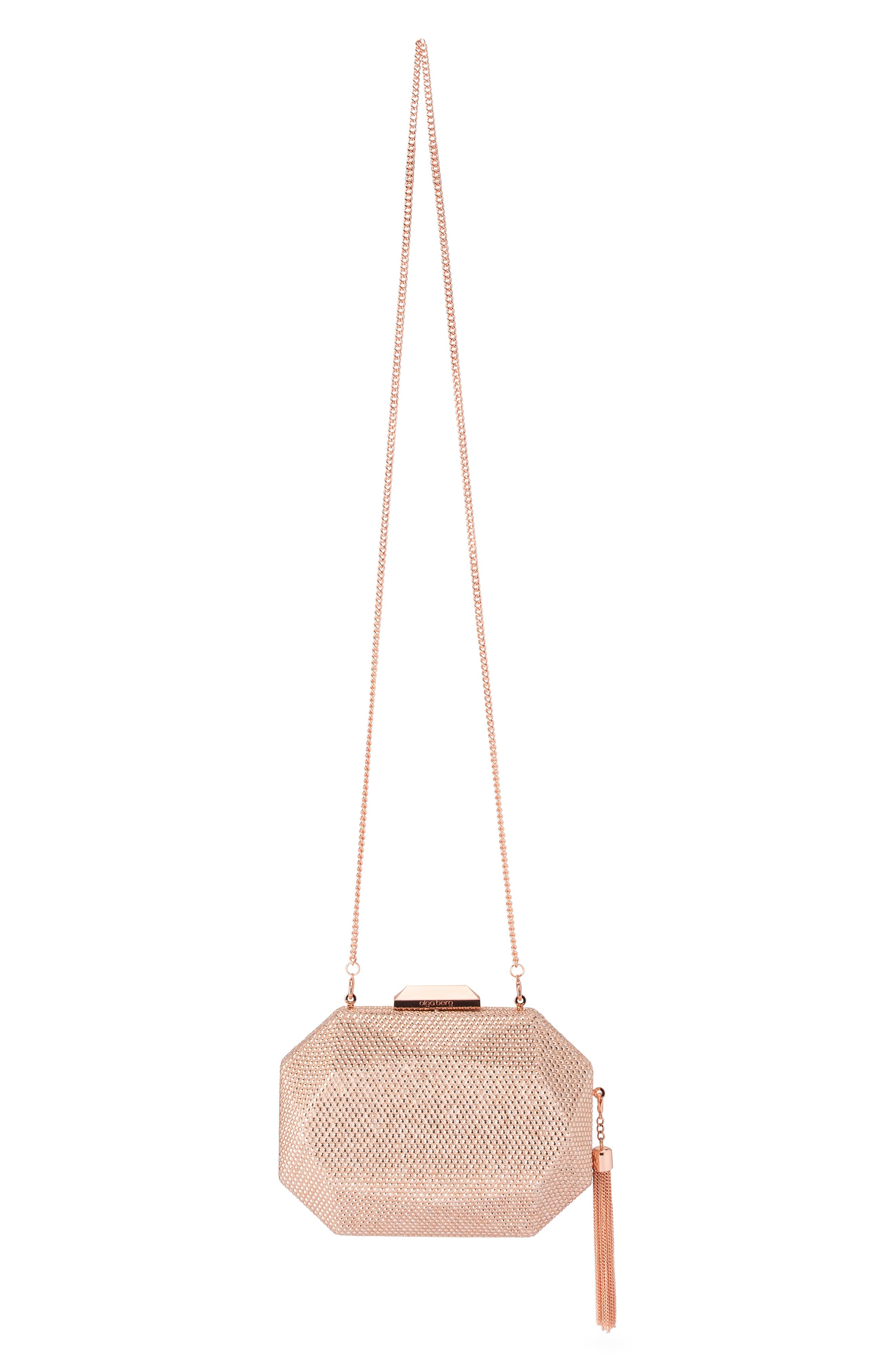 Olga Berg Hotfix Tassel Structured Clutch, Alternate, color, Rose Gold